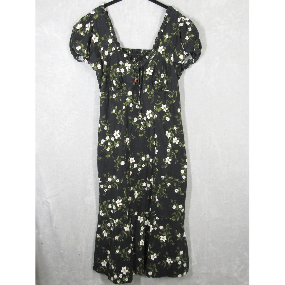 Maeve Midi Dress 1X Floral Print Square Neck Puff Sleeve Anthropologie Linen